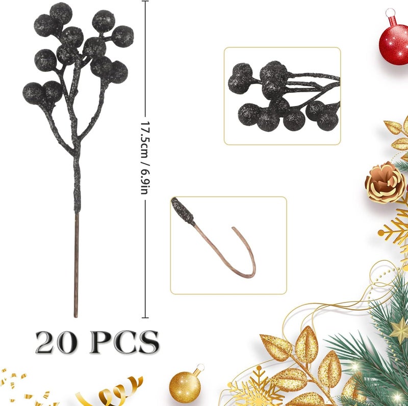 Fangoo 20 Pack 7 Inch Artificial Black Berry Picks for Christmas Tree Branches Decorations for Home Holly Berries for Crafts Winter Holiday Wedding Decor - Image 2